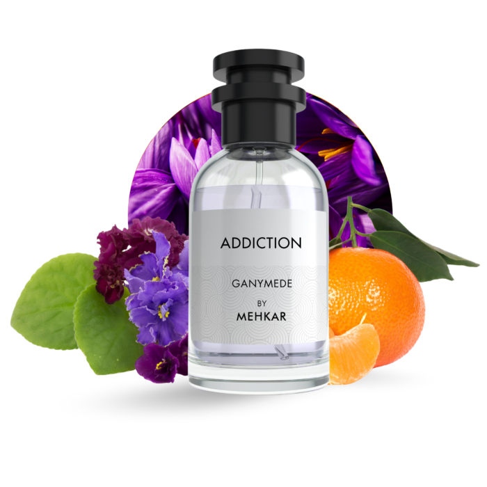 Addiction unisex fragrance with notes of saffron, mandarin, osmanthus, suede, musk, and patchouli, inspired by Ganymede.